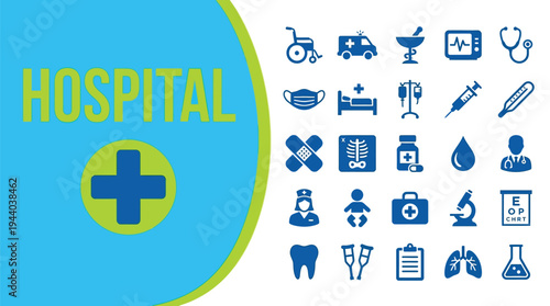 Hospital medical icons represent healthcare services and clinical treatment.