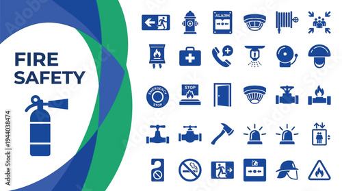 Fire safety equipment icons detail emergency response tools for building.