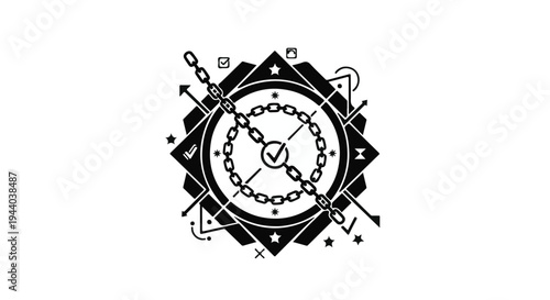 black and white mandala design with geometric shapes and symbols