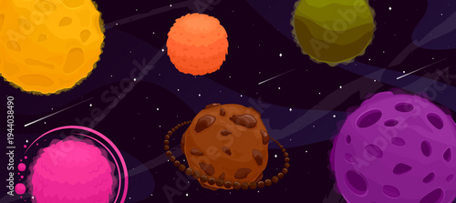 Universe background of deep space. Cartoon cosmic panoramic scene with palnets, stars, asteroids, meteorites. Vector illustration of beautiful galaxy.