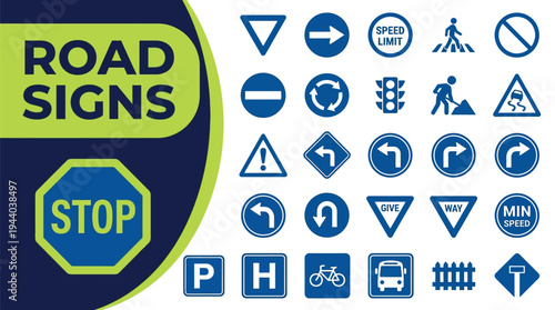 Road signs collection presents essential traffic regulation symbols for.
