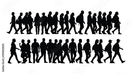 Crowd of people walking in two rows silhouettes against a white background