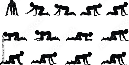 Woman crawling silhouette sequence set in different poses isolated on white background movement progression vector illustration