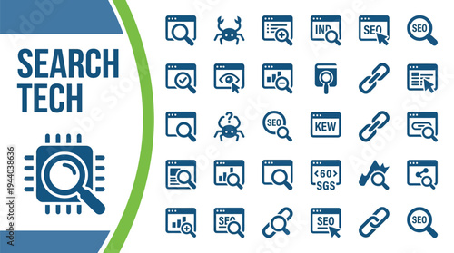 Search tech icons represent digital marketing and website optimization.
