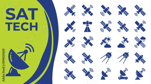 Satellite technology icons illustrate communication devices orbiting Earth.