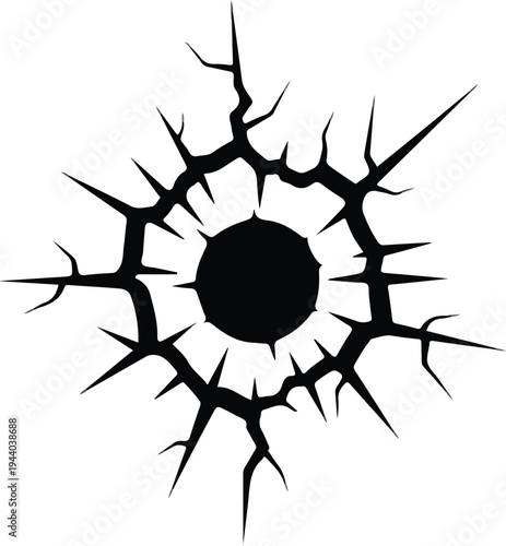 Abstract cracked circle with sharp spikes radiating outwards, a dark circular void within