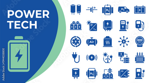 Power tech icons illustrate electric vehicle and battery charging.