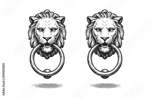 Vintage Lion Head Door Knocker Sketch Antique Hardware Illustration