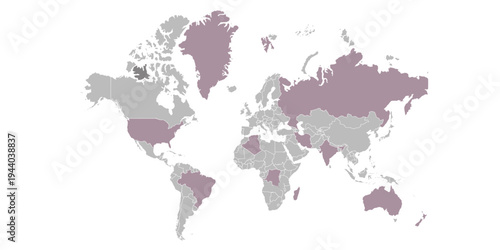 global world map highlighting specific countries vector isolated white background.