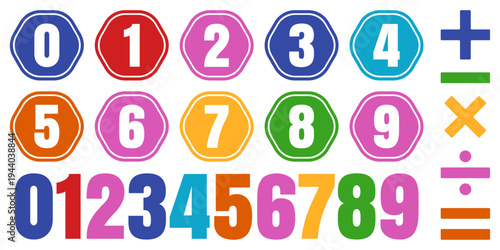 colorful number stickers mathematical symbols vector isolated white background.