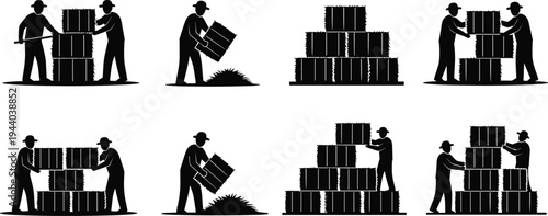Farmers stacking hay bales silhouette set with agricultural workers handling straw bundles isolated on white background farming vector collection