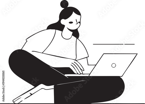 Vector illustration: woman working on laptop, remote work, freelance eps silhouette