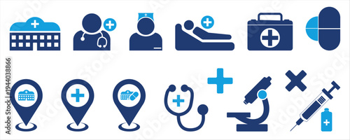 blue medical service icons set for healthcare concept vector illustration.