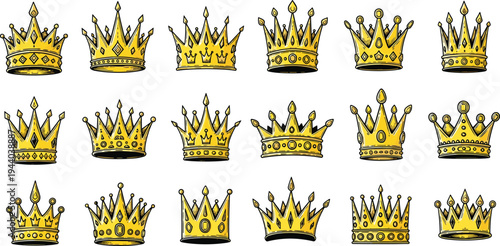Golden crown collection set with royal king and queen crowns isolated on white background luxury monarchy design elements
