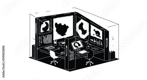 black and white office interior with cubicles and desks