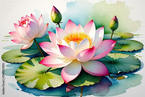 Vibrant Watercolor Lotus Flowers and Lily Pads