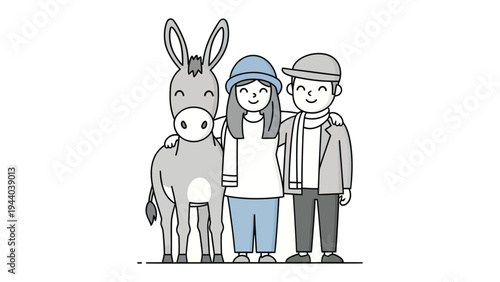 Friendship Harmony: In a heartwarming scene, a charming donkey shares an embrace with a couple, signifying companionship and the power of friendship, evoking feelings of affection and camaraderie.