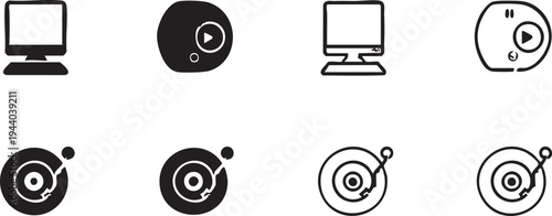 Vector icons: computer, music player, turntable - black and white graphic set eps silhouette