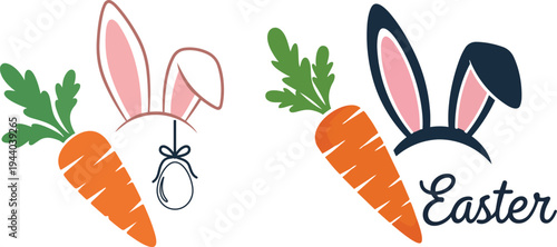 Cute Easter bunny ears with carrots and hanging egg graphic for spring celebrations