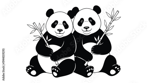 Pair of Playful Pandas: Two adorable pandas sit side by side, each holding a sprig of bamboo, embodying the serene charm of the East, a symbol of peace and conservation. 