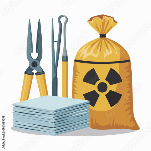 radioactive waste disposal illustration with tools and papers