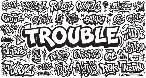 Trouble graffiti vector art: black and white urban style design eps silhouette