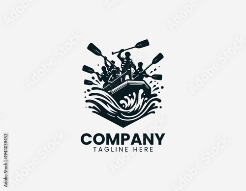 Whitewater rafting team paddling inflatable raft in dynamic modern black vector illustration style