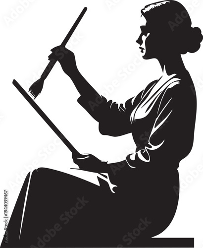 Artist woman painting vector illustration: silhouette of female painter with brush eps