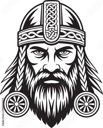 Detailed portrait of a viking warrior with a helmet, braided beard, and traditional Celtic knot