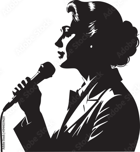 Singer silhouette vector: woman with microphone singing illustration eps