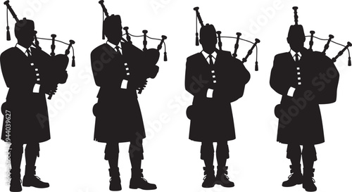 Four Scottish bagpipers silhouette traditional musicians kilted attire playing instruments on grey checkered background celtic