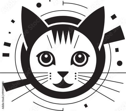 Stylized cat face silhouette geometric abstract modern art playful graphic design on grey checkered background cute pet