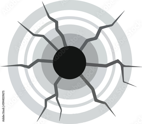 Abstract radial burst emanating from a central black circle, with radiating lines and concentric circles, symbolizing impact or energy release
