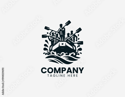 Whitewater rafting team paddling inflatable raft in dynamic modern black vector illustration style