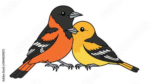 Two Oriole Friends: Two vibrant orioles stand side by side, their colorful plumage a symbol of partnership and natural beauty. This image evokes feelings of friendship, tranquility.