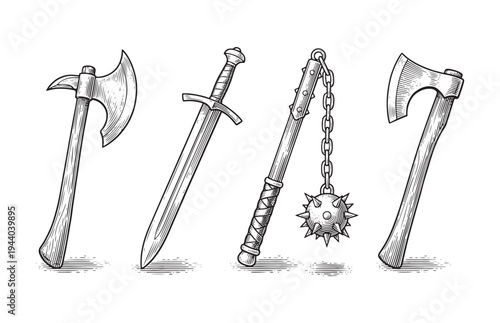Medieval Armory Set Sketch with Battle Axes Sword and Mace