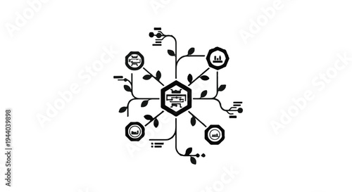 black and white illustration of a shield surrounded by icons and arrows