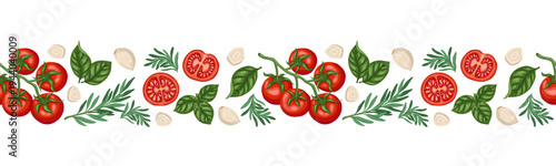 Seamless border of tomato cherry and rosemary. Vector hand drawn food illustration for kitchen menu and restaurant template. Cartoon repeat garlic and basil leaf drawing perfect for product design.