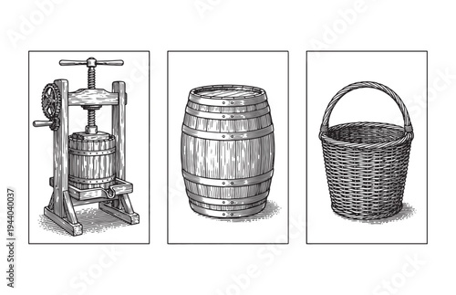 Traditional Vineyard Tools Sketch with Grape Press Barrel and Basket