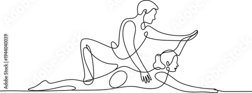 Continuous line drawing of man giving back massage to woman, relaxation and wellness concept