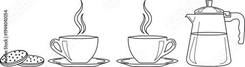 Black line drawing of two steaming coffee cups, a saucer with a plate of biscuits and a pot of coffee. Vector of steaming coffee cup set