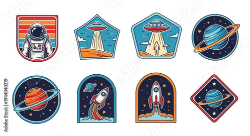 Space Exploration Stickers: Astronaut, UFO, Rocket, Planets, Retro Vintage Style