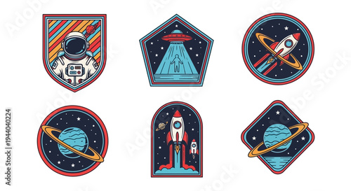 Astronaut, Rocket, UFO, Planets & Stars - Retro Space Patches Collection