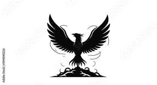 black silhouette of a phoenix bird rising from ashes