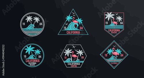 California Beach Vibes: Flamingo, Palm Trees, Waves - Retro Style Badges