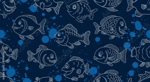 Cute Fish Pattern: Whimsical Hand-Drawn Aquarium Illustration on Dark Blue Background