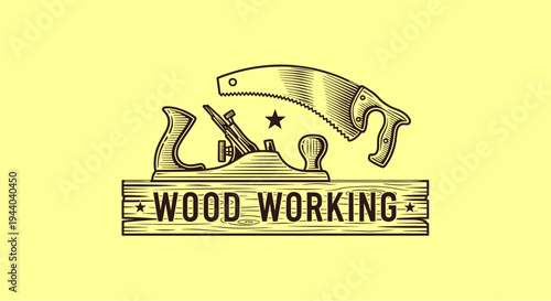 Vintage illustration of woodworking tools including a hand plane and a saw, set against a wooden plank with the text "WOOD WORKING".