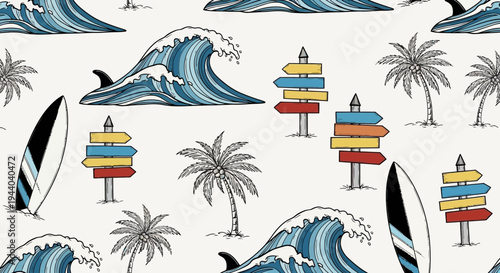 Surfboard and Wave Pattern with Tropical Palm Trees and Direction Signs