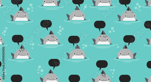 Cute Cartoon Shark Pattern with Speech Bubbles - Seamless Repeat