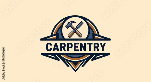 A vintage-style logo featuring crossed carpentry tools, a hammer and chisel, above the word "CARPENTRY" on a light beige background.